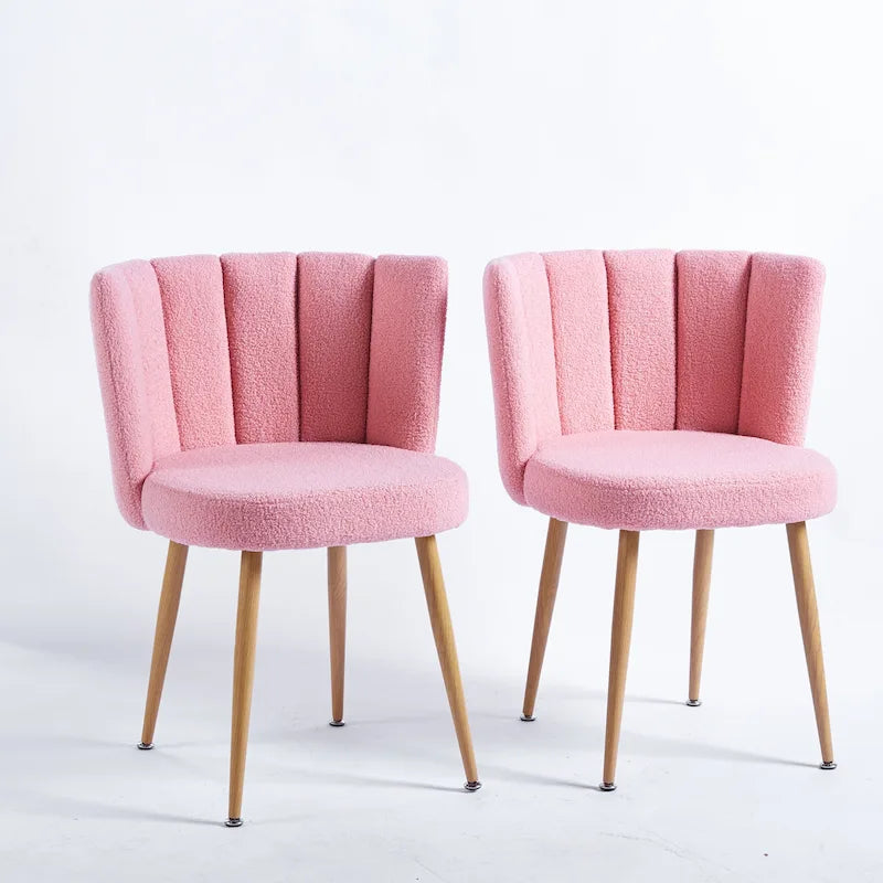 Chaise de salle à manger moderne rose (lot de 2) avec pieds en tube de fer couleur bois, coussins en poils courts et dossier confortable, convient