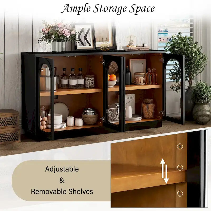 4-Door Large Storage Buffet Cabinet with Glass Doors, Adjustable Shelves and Arched Design for Kitchen, Dining Room