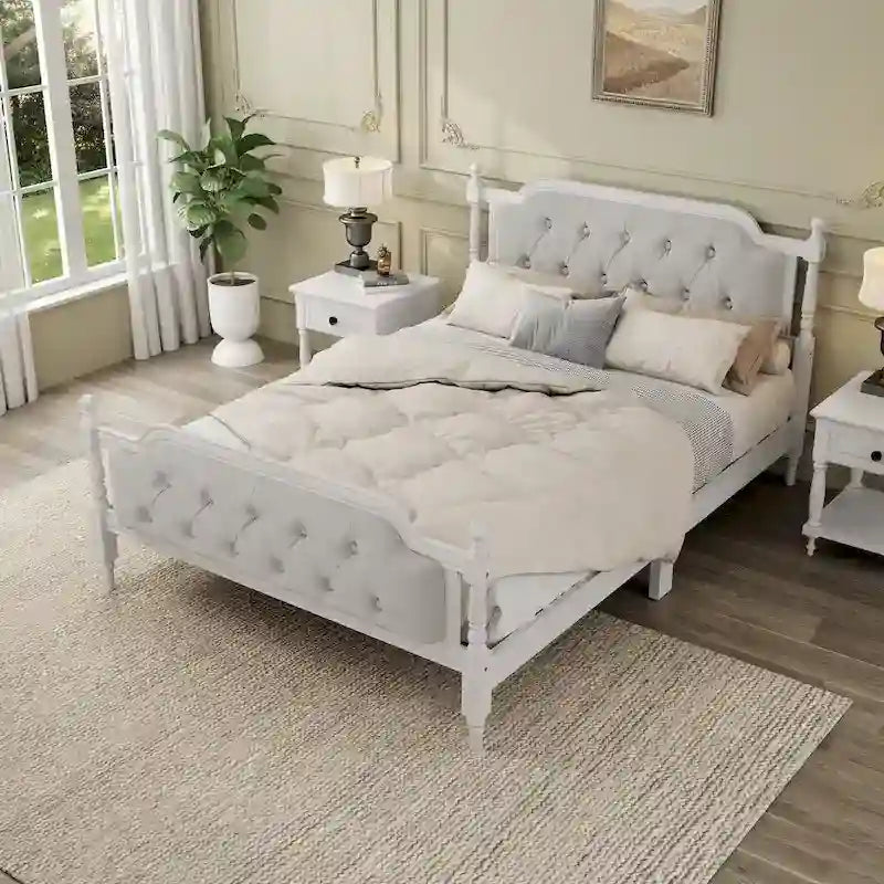 Full Size French Provincial Bed With Tufted Upholstered Headboard And Solid Pine Frame