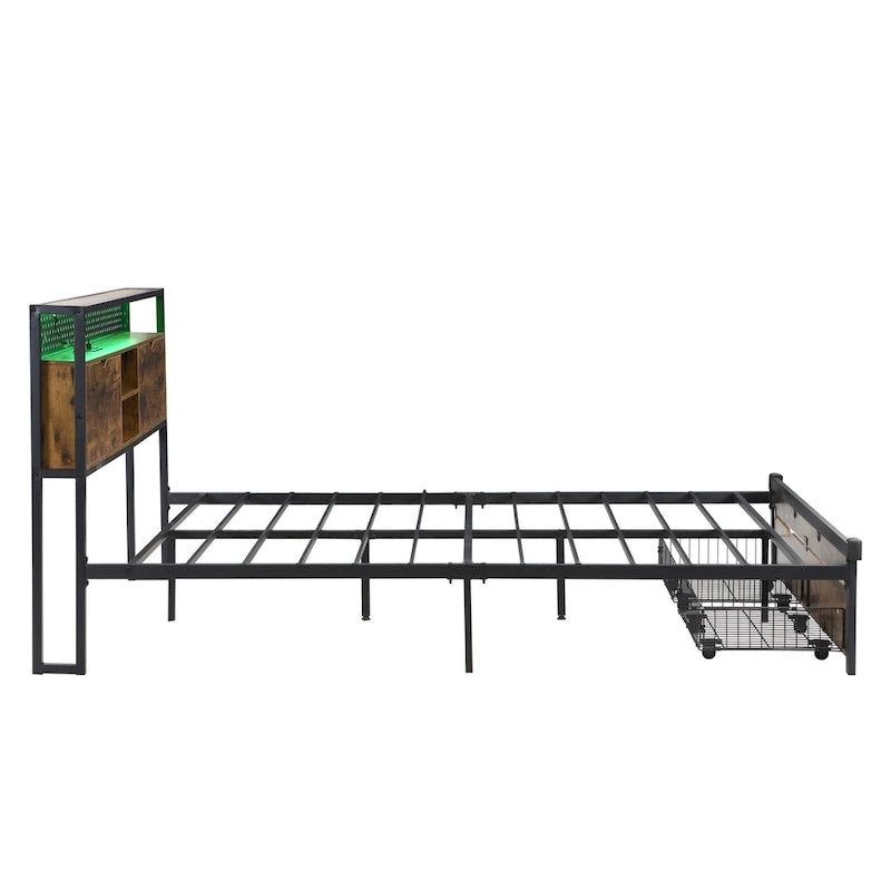 King Size Metal Platform Bed with Wooden Headboard, Drawers, and LEDs