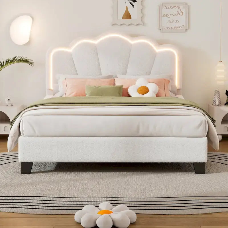 White Full Size Sherpa Upholstered Bed with Floral Headboard