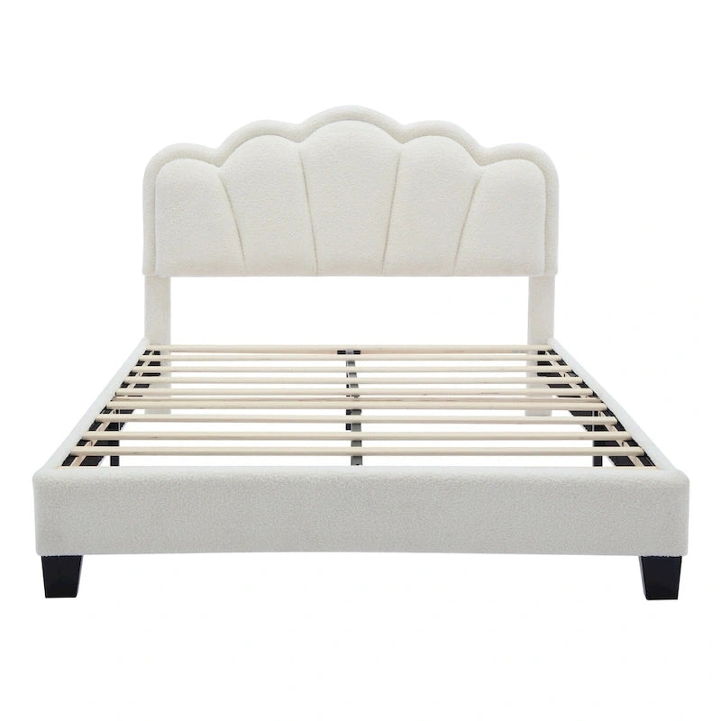 White Full Size Sherpa Upholstered Bed with Floral Headboard