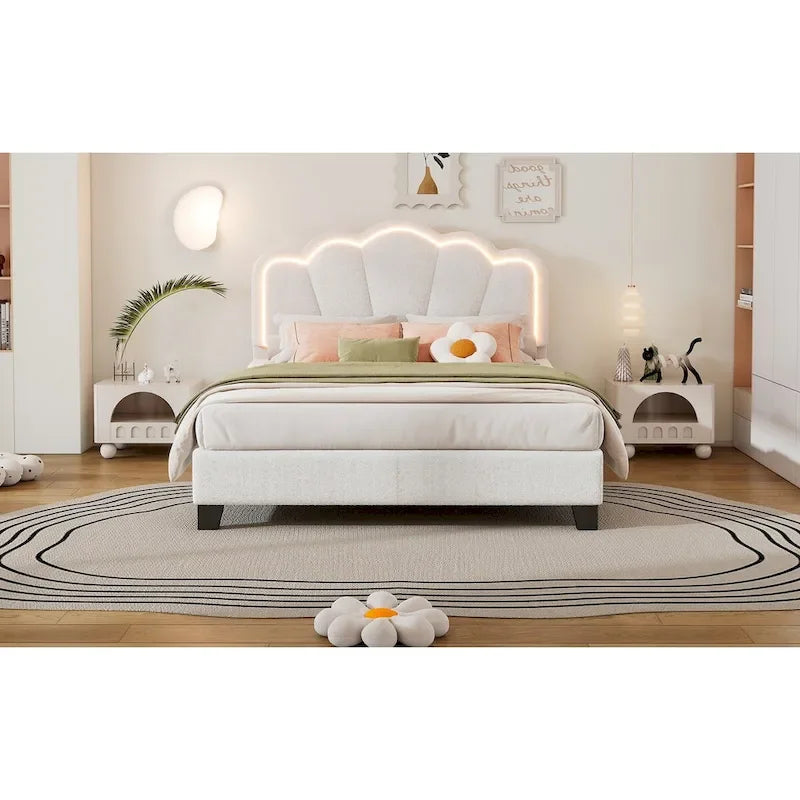 White Full Size Sherpa Upholstered Bed with Floral Headboard