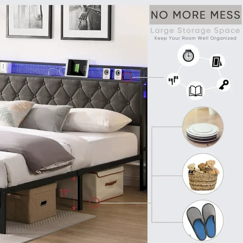 Grey King Bed with Storage Headboard