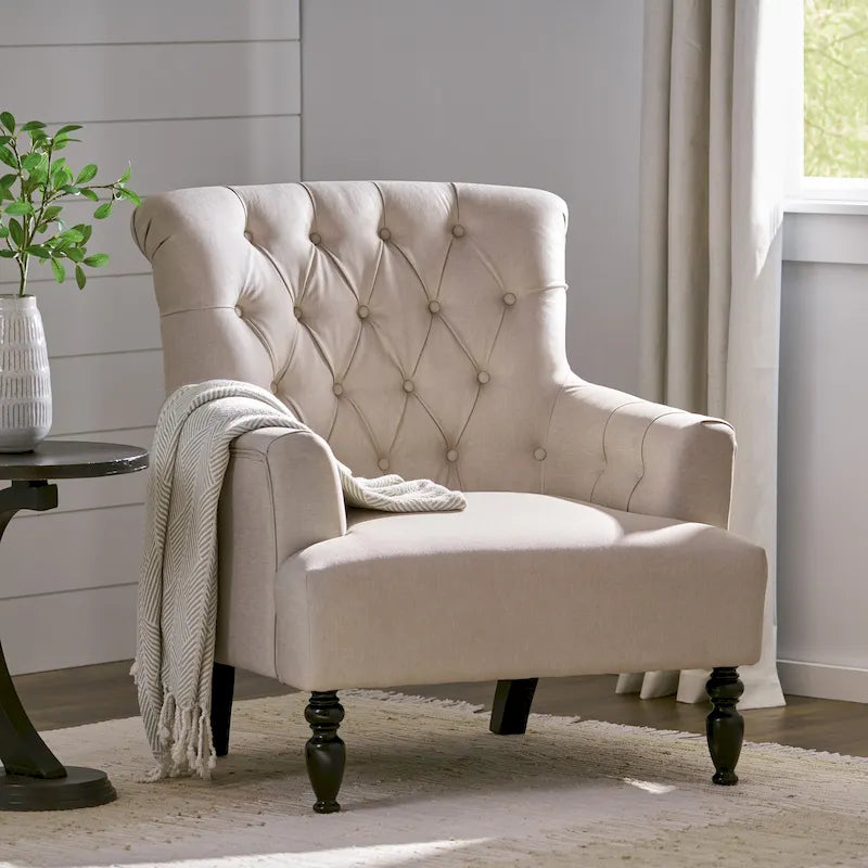 Tufted Club Armchair w/ Rolled Backrest by