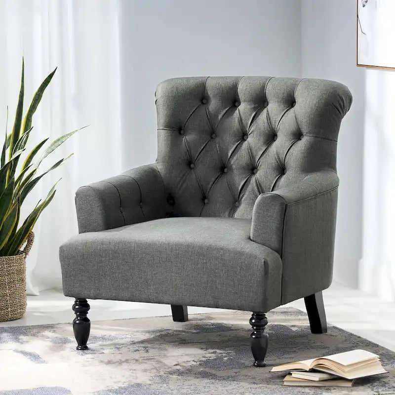 Tufted Club Armchair w/ Rolled Backrest by