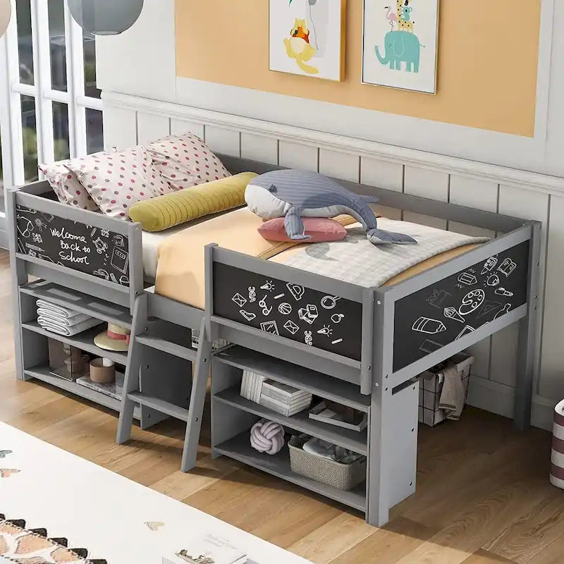 Twin Size Low Loft Bed with 2 Movable Shelves and Ladder & Chalkboard