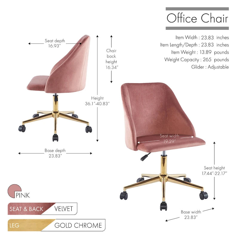 Swivel Office Chair, Velvet, Gold Chrome Legs