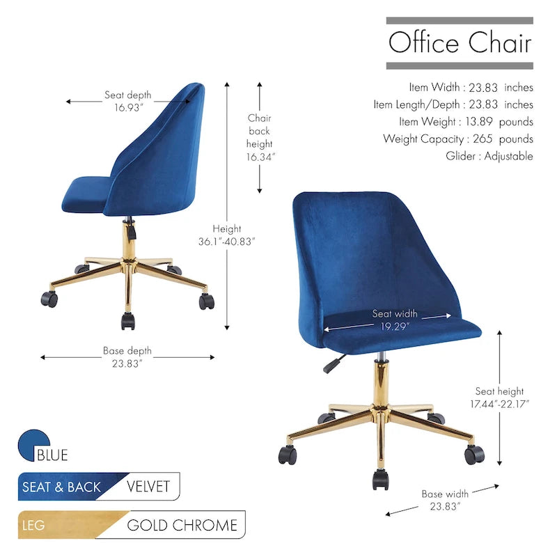 Swivel Office Chair, Velvet, Gold Chrome Legs