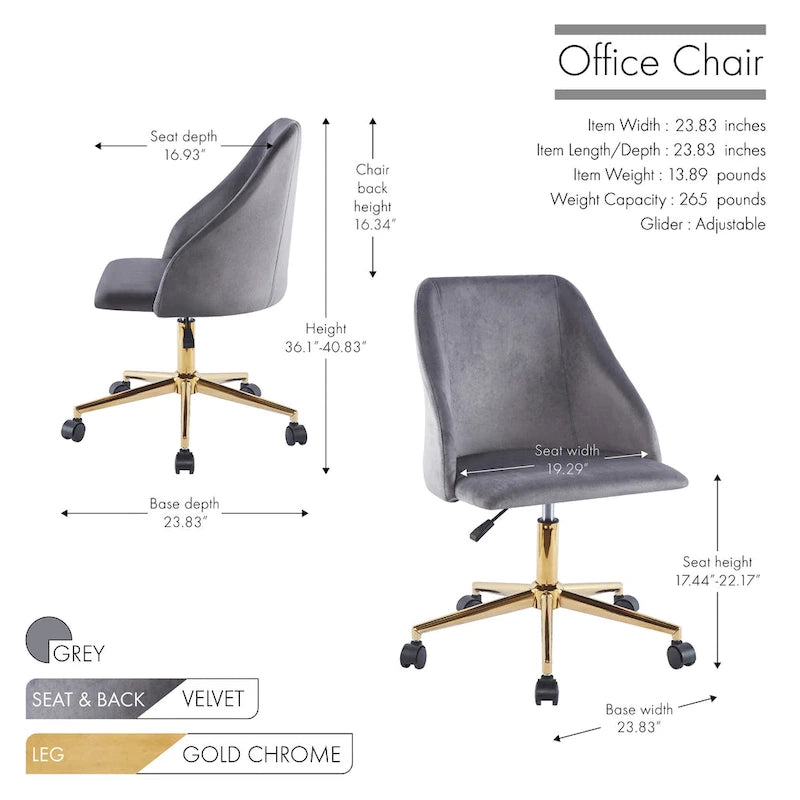 Swivel Office Chair, Velvet, Gold Chrome Legs
