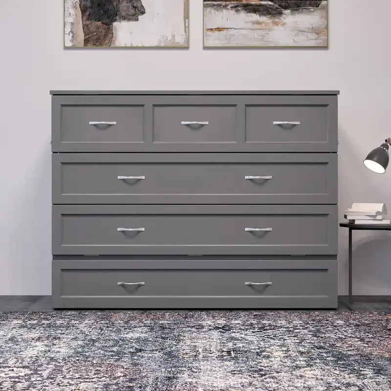 Full Murphy Bed Chest with Mattress in Grey