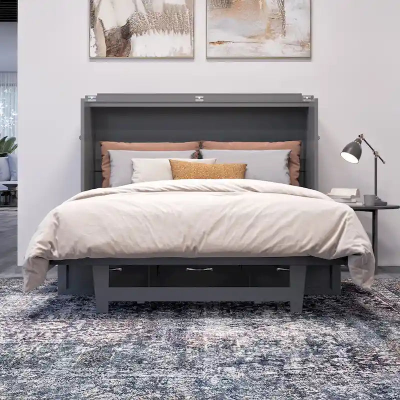 Full Murphy Bed Chest with Mattress in Grey