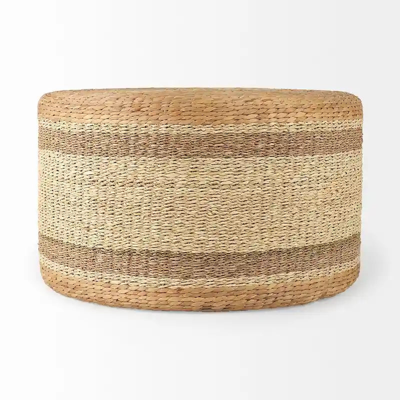 Brown Striped Seagrass Round Coffee Table Pouf