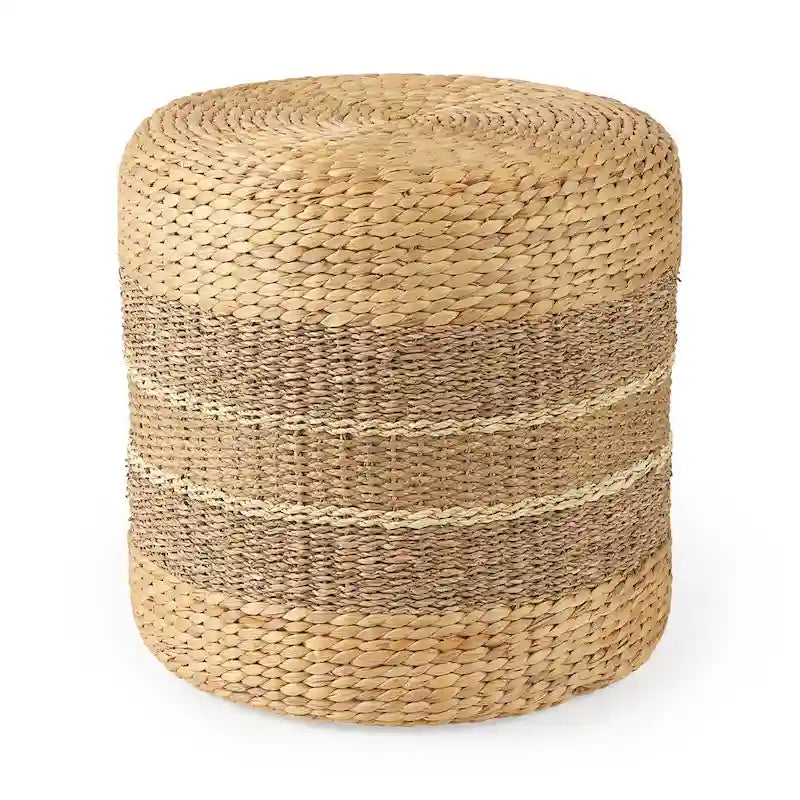 Brown Striped Seagrass Round Coffee Table Pouf