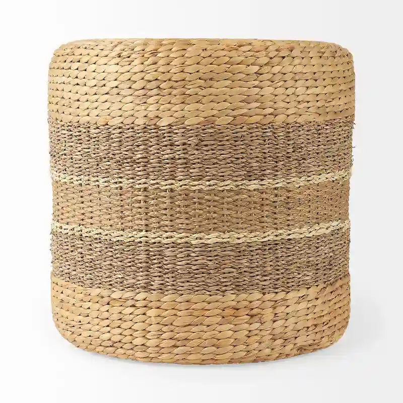 Brown Striped Seagrass Round Coffee Table Pouf