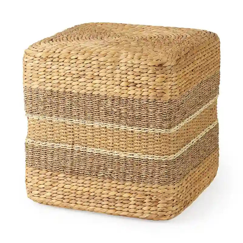 Brown Striped Seagrass Round Coffee Table Pouf
