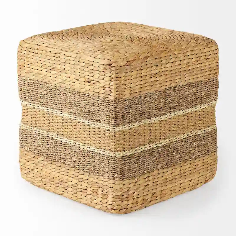 Brown Striped Seagrass Round Coffee Table Pouf