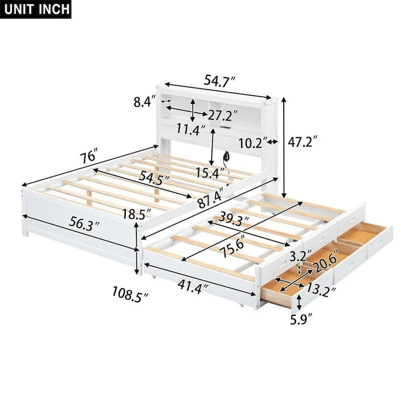 Full Size Platform Bed with Trundle and USB Plugs