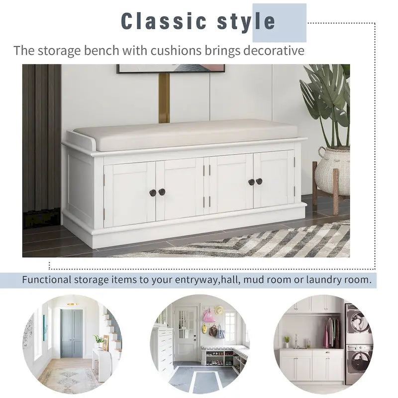 Entryway Storage Bench with 4 Doors and Adjustable Shelves