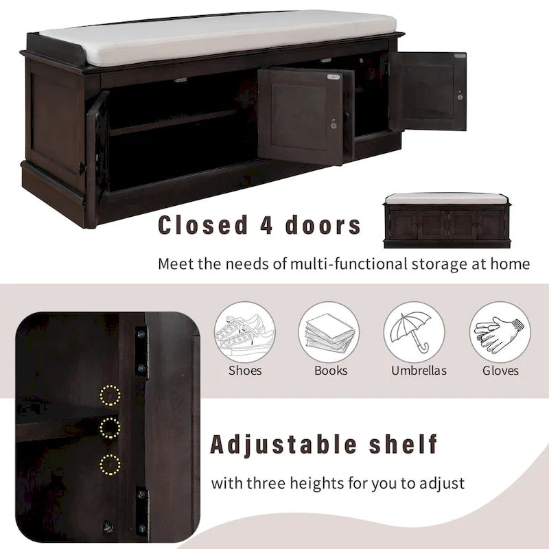 Entryway Storage Bench with 4 Doors and Adjustable Shelves