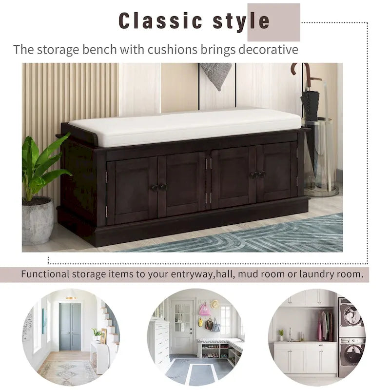 Entryway Storage Bench with 4 Doors and Adjustable Shelves
