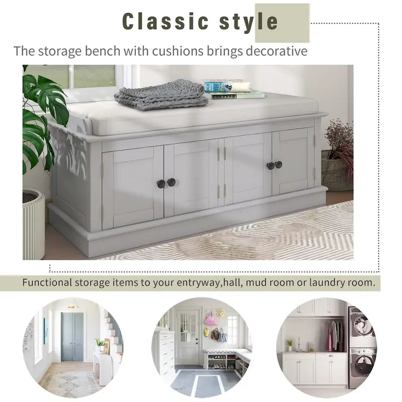 Entryway Storage Bench with 4 Doors and Adjustable Shelves