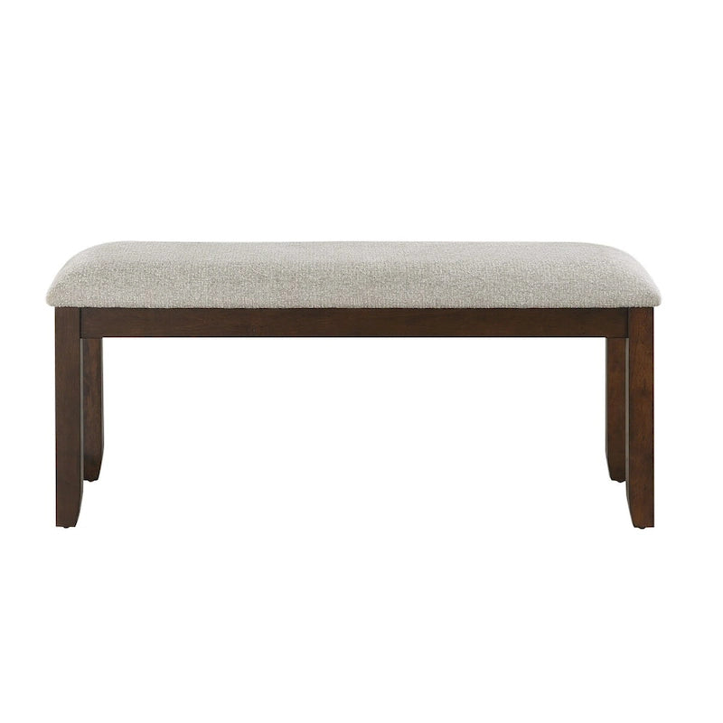 43 Inch Bench, Gray Polyester Upholstery, Cherry Brown Solid Wood