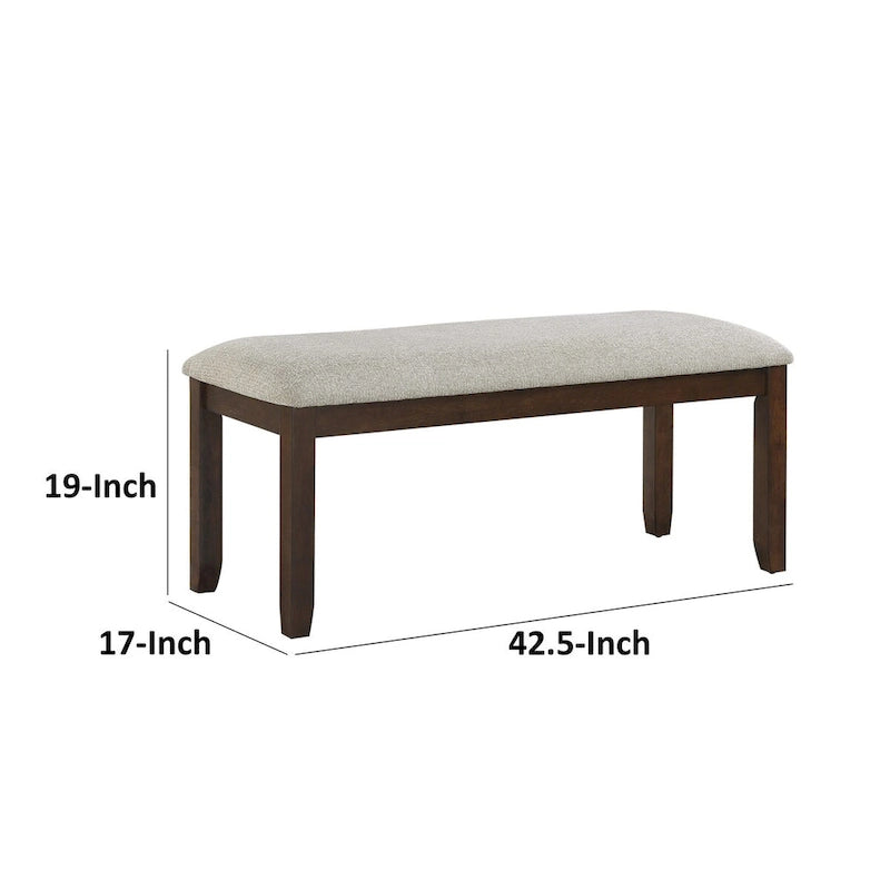 43 Inch Bench, Gray Polyester Upholstery, Cherry Brown Solid Wood
