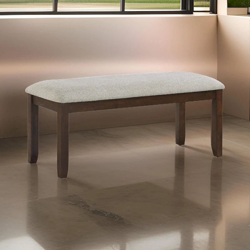 43 Inch Bench, Gray Polyester Upholstery, Cherry Brown Solid Wood