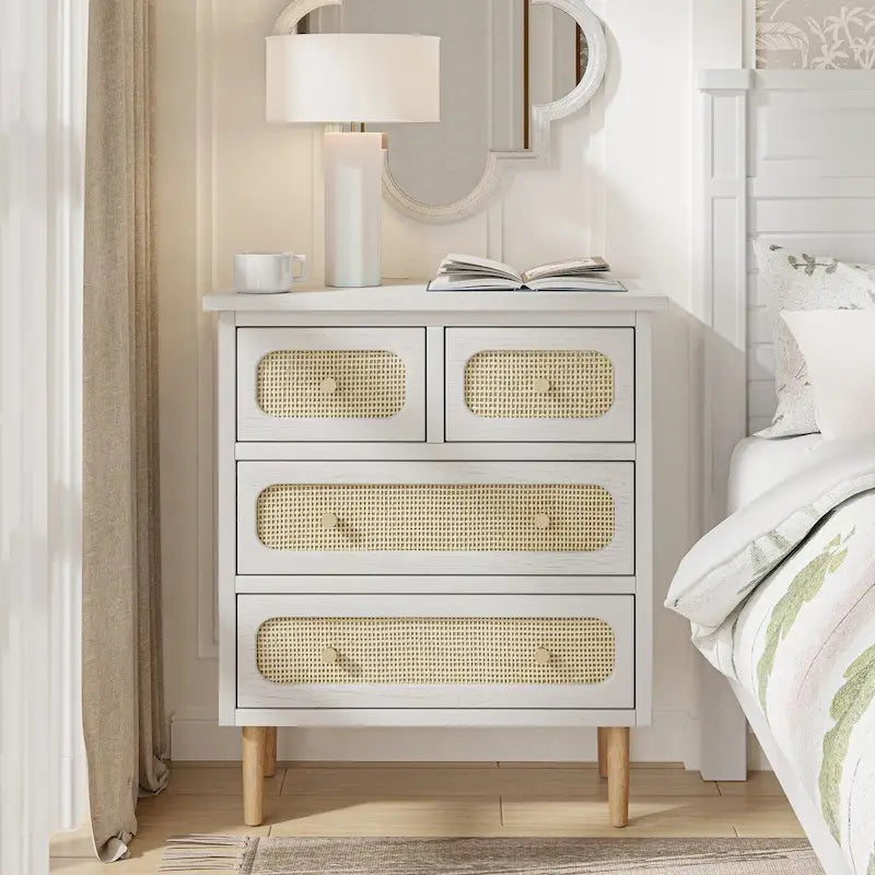 Wicker Rattan Chest of Drawers, 4-Drawer Dresser, White Finish Wooden Storage Cabinet, Boho Mid-Century Coastal Sideboard