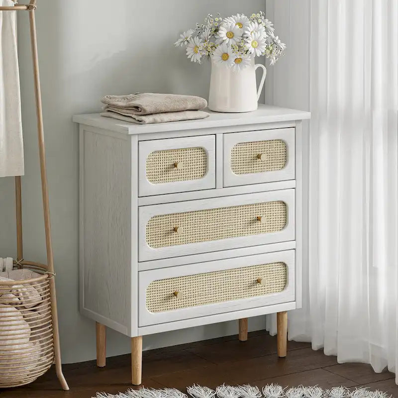 Wicker Rattan Chest of Drawers, 4-Drawer Dresser, White Finish Wooden Storage Cabinet, Boho Mid-Century Coastal Sideboard