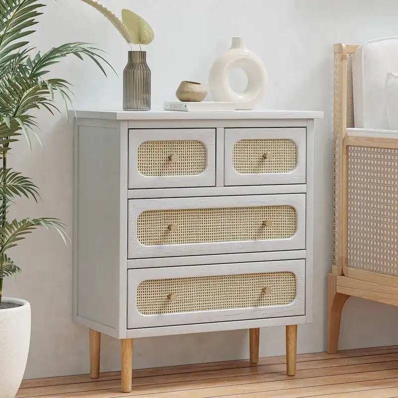 Wicker Rattan Chest of Drawers, 4-Drawer Dresser, White Finish Wooden Storage Cabinet, Boho Mid-Century Coastal Sideboard