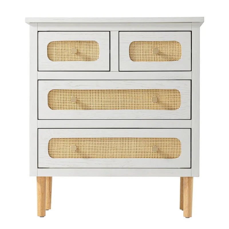 Wicker Rattan Chest of Drawers, 4-Drawer Dresser, White Finish Wooden Storage Cabinet, Boho Mid-Century Coastal Sideboard