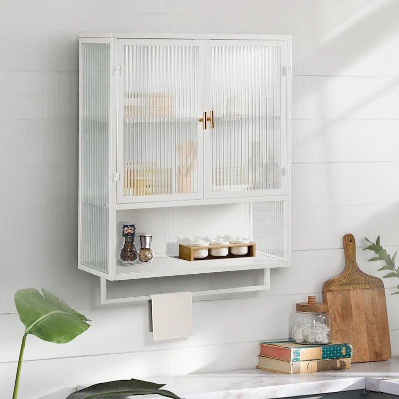 Modern 23.62 Glass Door Wall Cabinet with Two-Tier Enclosed Storage, Open Shelf, and Towel Rack for Entryway