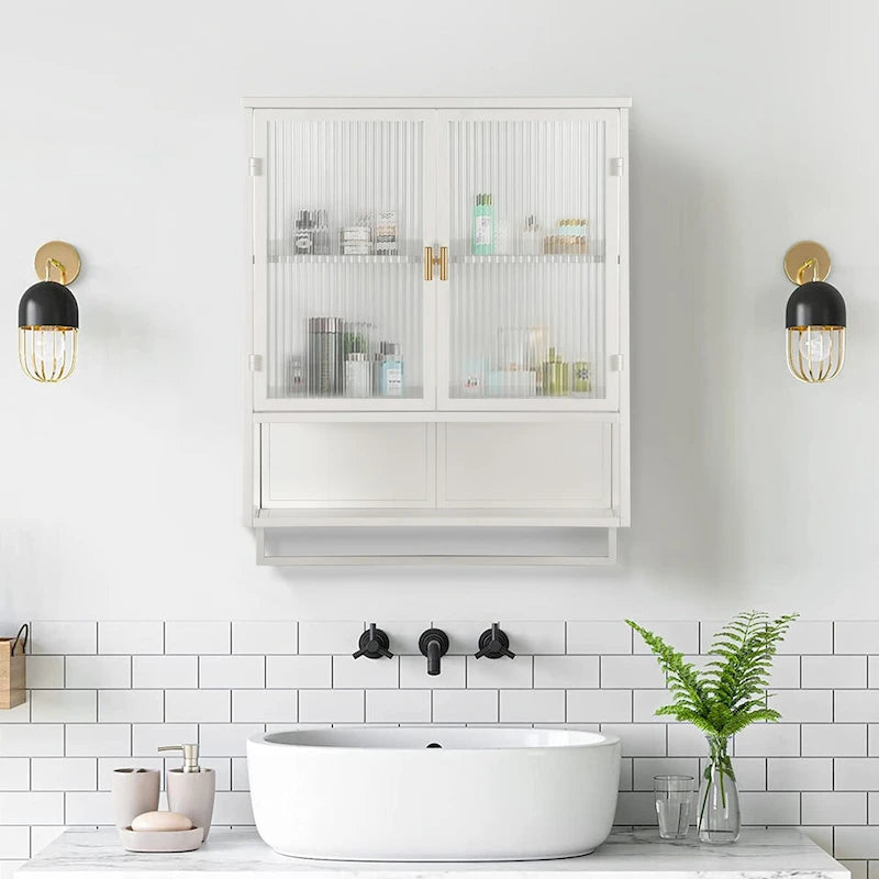 Modern 23.62 Glass Door Wall Cabinet with Two-Tier Enclosed Storage, Open Shelf, and Towel Rack for Entryway