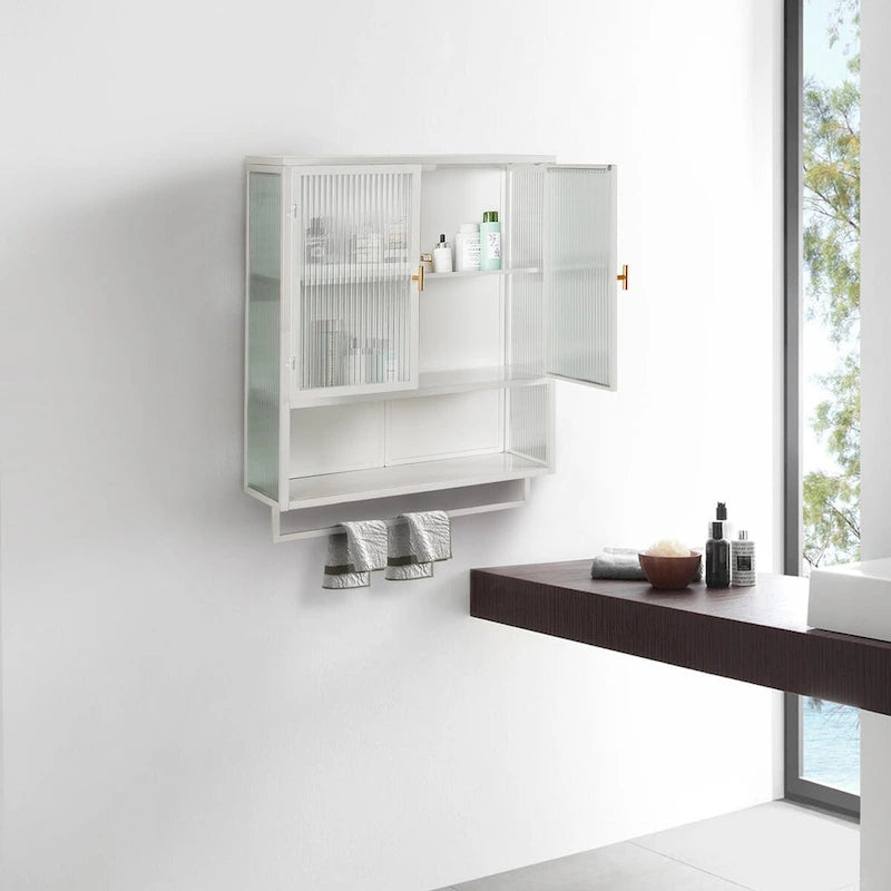 Modern 23.62 Glass Door Wall Cabinet with Two-Tier Enclosed Storage, Open Shelf, and Towel Rack for Entryway