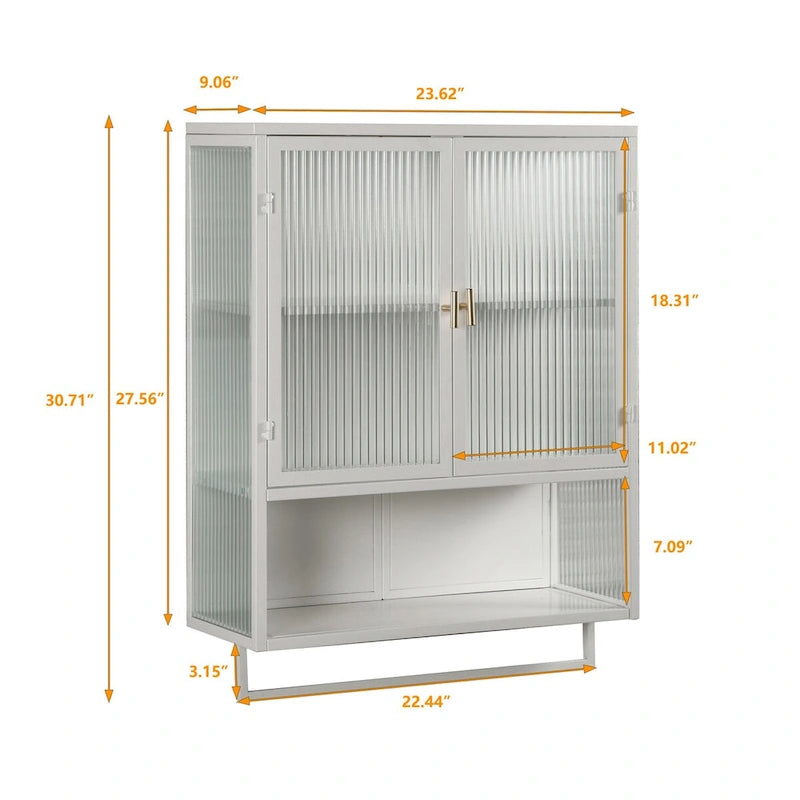 Modern 23.62 Glass Door Wall Cabinet with Two-Tier Enclosed Storage, Open Shelf, and Towel Rack for Entryway