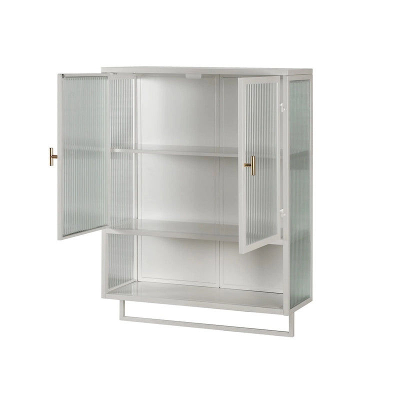 Modern 23.62 Glass Door Wall Cabinet with Two-Tier Enclosed Storage, Open Shelf, and Towel Rack for Entryway