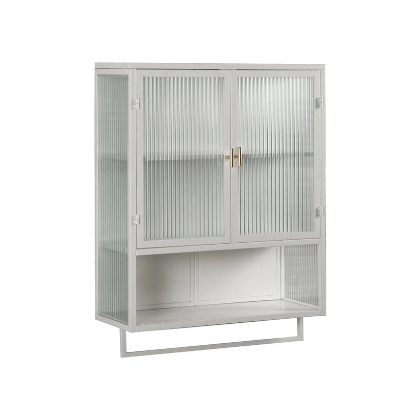Modern 23.62 Glass Door Wall Cabinet with Two-Tier Enclosed Storage, Open Shelf, and Towel Rack for Entryway