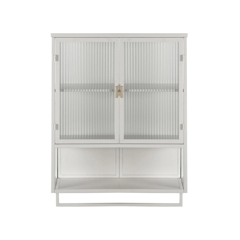 Modern 23.62 Glass Door Wall Cabinet with Two-Tier Enclosed Storage, Open Shelf, and Towel Rack for Entryway